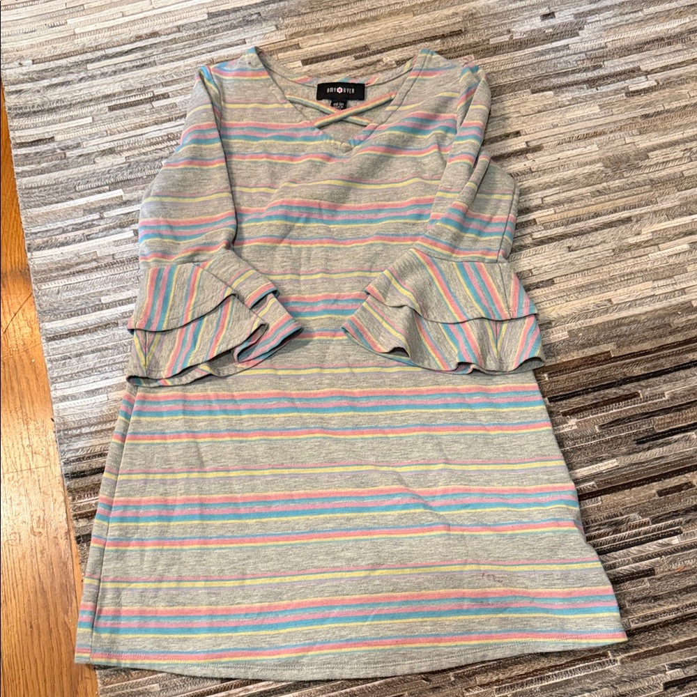 Amy Byer Light Gray Dress with Pastel Stripe Ruffle Sleeves
